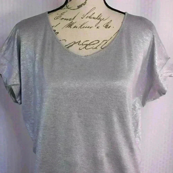 Eileen Fisher Size S 100% Linen silver metallic short sleeve jersey knit top - Picture 2 of 13